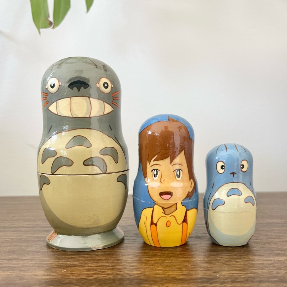 Totoro Nesting Dolls Wooden Nesting Doll Set Gray Blue and Tan Missing Two JAPAN